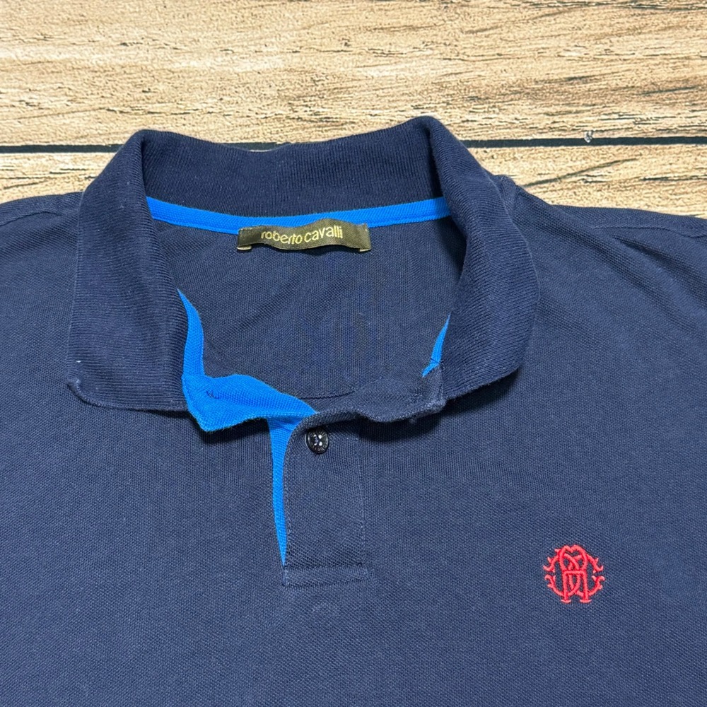 Roberto Cavalli Polo Shirt Mens XL Navy Blue Logo Cuffs Luxury Designer FST644
